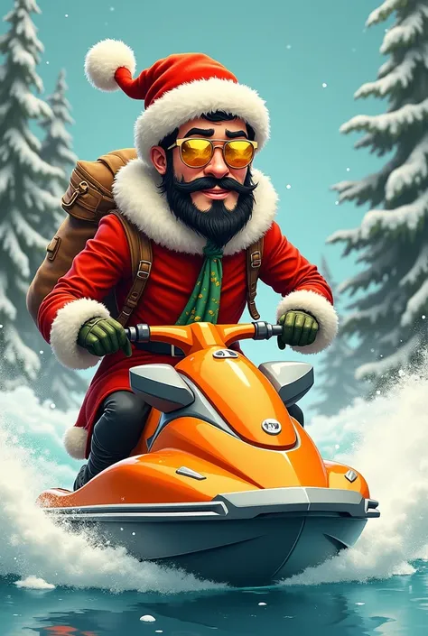 A man with a black goatee ,  dressed in Christmas clothes ,  with a toy bag on his back,  wearing golden mirrored glasses ,  riding an orange jet ski with white details, in drawing