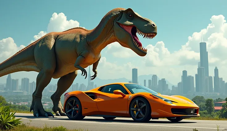 a t-rex next to an orange car, as if protecting the car, in the background a Brazilian city with buildings