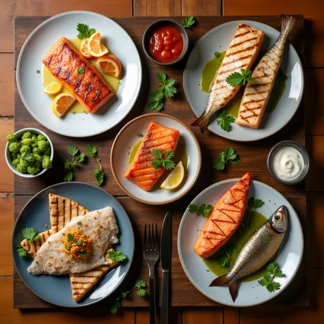 Delicious grilled fish fillets （salmon、Horse mackerel、mackerel、cod） are each placed on a plate and arranged on a table。As if the angle is taken from directly above the table 。The table is a warm wooden table 