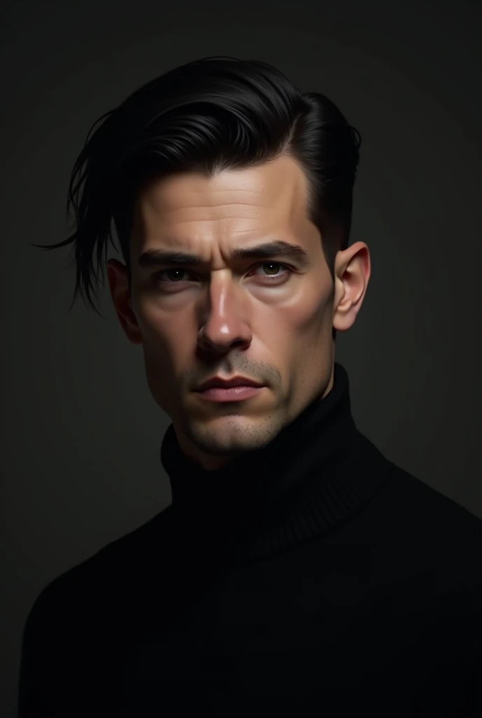 create the image of a Caucasian man with short black hair and wearing black clothes