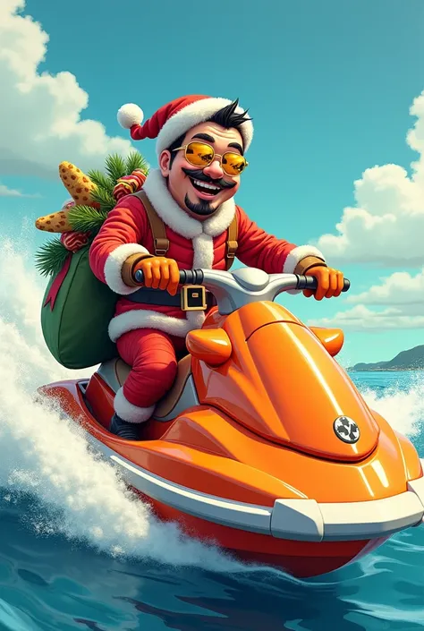 A man with a black goatee , smiling,  dressed in Christmas clothes ,  with a toy bag on his back,  wearing golden mirrored glasses ,  riding an orange jet ski with white details, in drawing