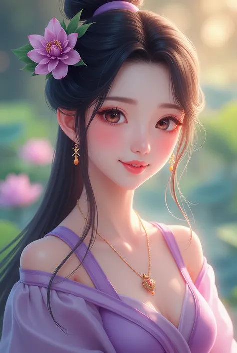 Superb Quality, Masterpiece, High Resolution, 1Girl, Blush, (Seductive Smile: 0.8), Star Pupil, Chinese Hanfu Lilac, Hair Accessories, Necklace, Jewelry, Beauty, on_body, Tyndall Effect, Realism, Lotus Pond, Light Edge, Two-tone Lighting, (High Detail Skin...