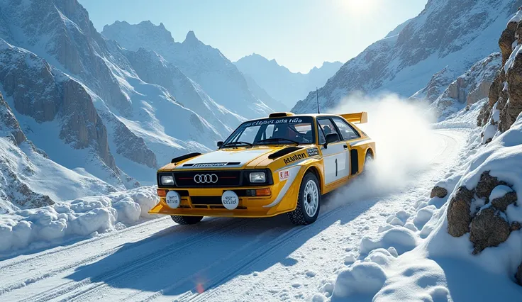  Audi Sport Quattro S1 with its signature yellow and white coloring rushes along a winding road among the Alpine peaks.  The icy wind and snowy peaks create an atmosphere of extreme driving .
( The most realistic photo : a car with clear body details ,  ag...