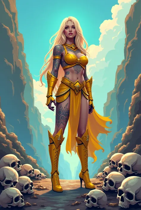 Pixel art fantasy bit map Beautiful blonde girl with long hair has tattoos has yellow armor and heels,  is standing on skulls in the background some unique colors such as translucent , She has an impressive aura and you can tell the environment  