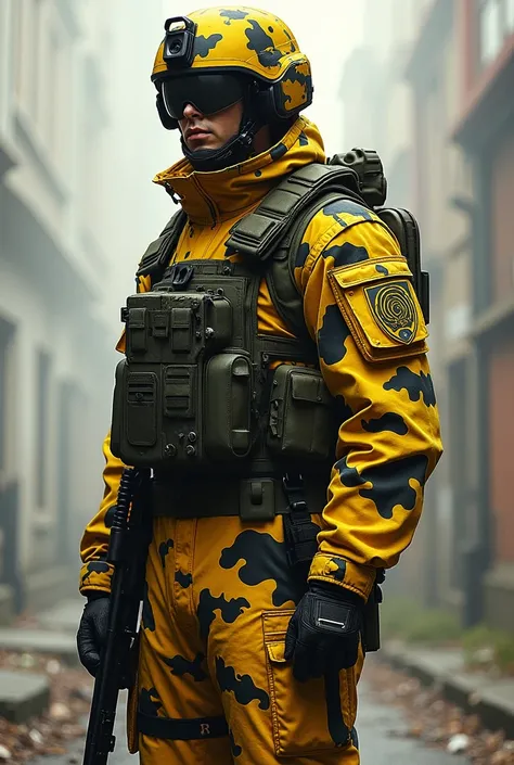 standing soldier at attention in yellow-black camouflage