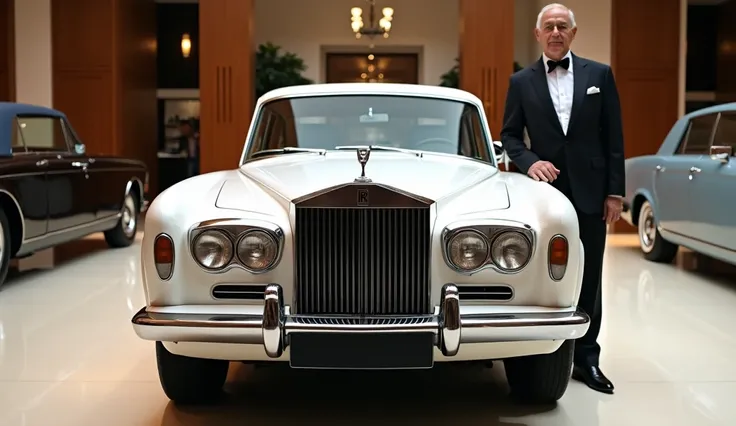 interior view  1981 Rolls-Royce Dakar sleek in original model shape sedan white colour with captured from front view  standing side with old man car parking has luxury showroom 
