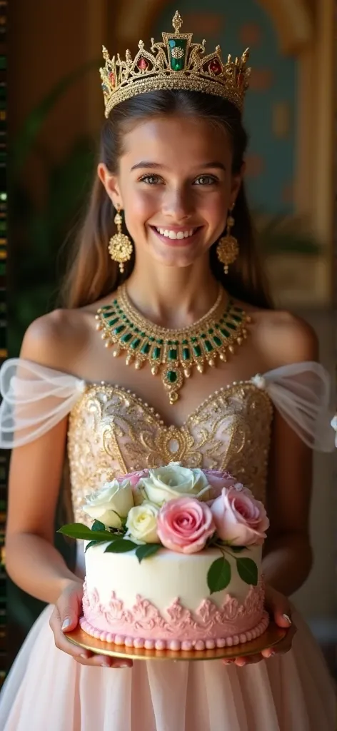  A beautiful professional full-body head-to-toe photograph of a beautiful young 15-year-old princess wearing a beautiful crown wearing a stunning long elegant dress and birthday cake, in her hands she carries a beautiful bouquet of roses ,  around her neck...