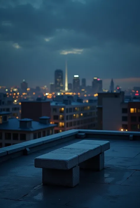 a concrete bench  ( that is being cut in the image) on the roof of a building (Everything happens at night ) (ultrarealistic)(Everything in vanishing point on the horizon )( q the bench doesnt look complete in the photo)