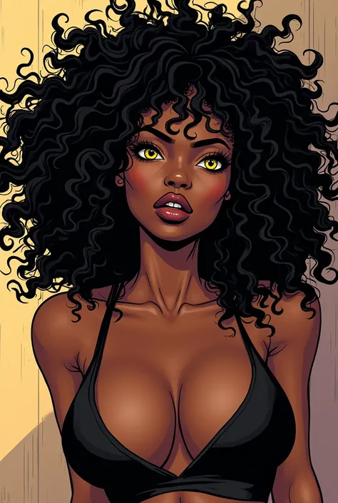 Create me an 8k hentai style comic panel, a black girl,  curly hair, yellow eyes, new, of four 