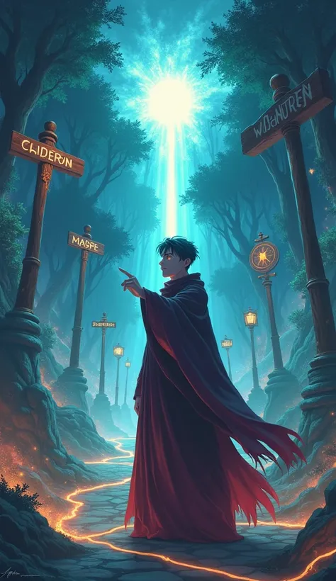  An anime master with penetrating eyes , pointing to an illuminated path ,  while other paths are filled with confused and philosophical signs.