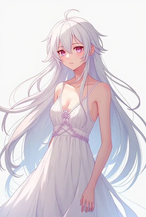 slender young man with a long white hair and pink eyes in a dress in anime style