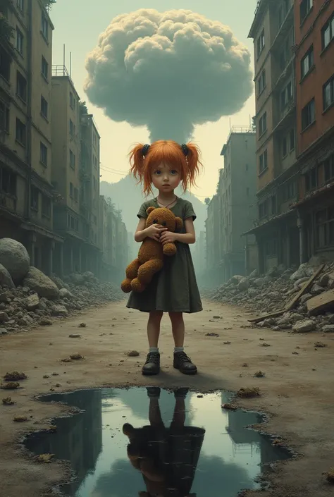 beautiful painting, abandoned war torn city street,  facing background, ginger pigtails, wearing worn down dress, holding teddy bear, an nuclear atomic bomb  explosion in the background like a big mushroom cloud, behind her is an oil spill, in the reflecti...