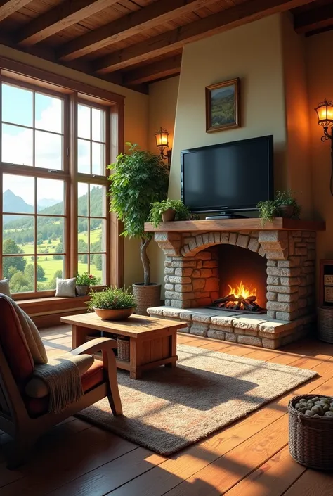 a living room with a TV ,  of a country house drawing