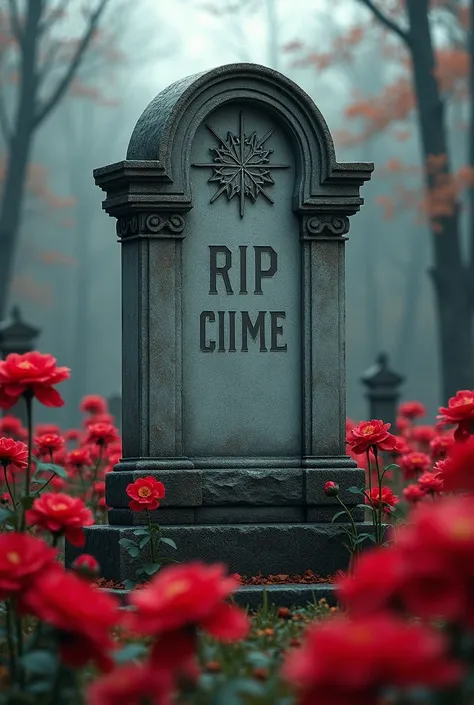 BACKGROUND CEMETERY WITH CEMENT TOMBSTONE SAYING RIP AND RED FLOWERS THAT HAVE HOLY DEATH ON THE SIDES