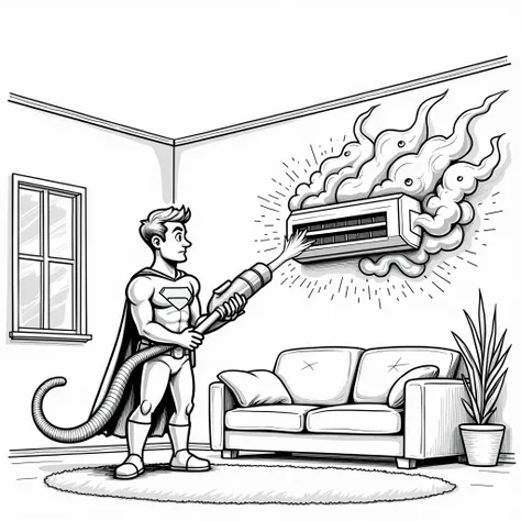 superhero man is battling   with dust dragons  made of swirling clouds with googly eyes and coming out  from the home air conditioners air vents. and superhero man holding a vacuum-like tool that’s sucking up the dragons, with sparkling clean ducts behind ...