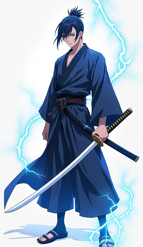 Create a human ,  anime style , 21 years old, 192 centimeters high,  samurai with katana and lightning powers,  white background,  with a full body, without helmet