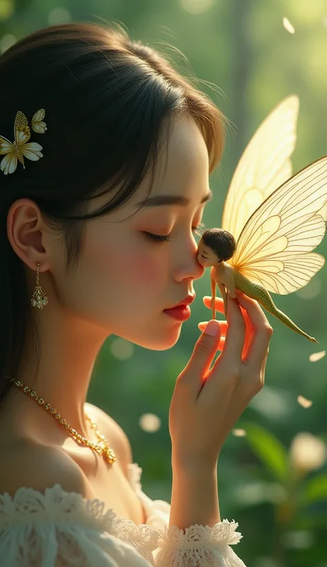 インドネシアの女性の顔をとらえる, A fairy with delicate wings ,  captures the face of an Indonesian woman sitting gently on the palm of her hand .