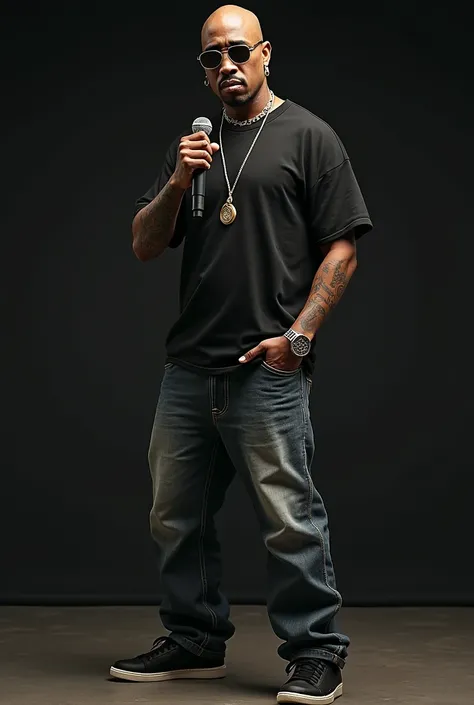 2PAC WITH A MICROPHONE IN HIS HAND, EARRINGS, GLASSES, TATTOOS, T-SHIRT, JEANS, AND BLACK TENNIS SHOES