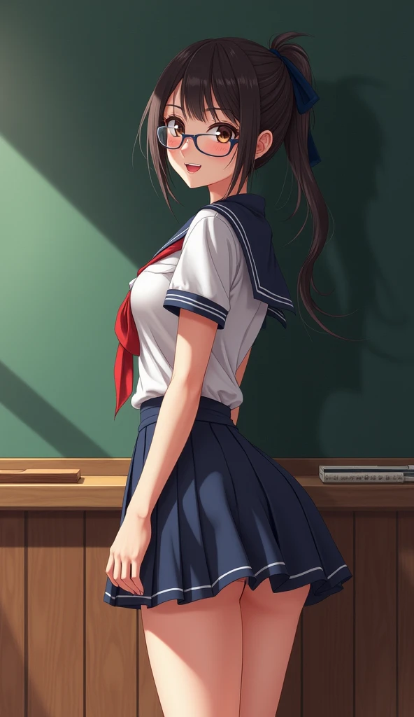 a woman in a skirt and glasses posing in front of a blackboard, seductive anime girl, teasing smile, a hyper realistic schoolgirl, hyper realistic schoolgirl, realistic schoolgirl, by Kentaro Miura, marin kitagawa fanart, | fine detail anime, beautiful ani...