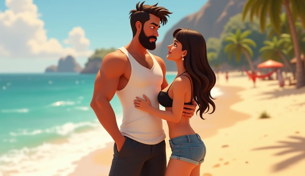 Man with tanned skin and beard,  wearing white sleeveless tank top and black shorts; dating a brunette woman,  with straight hair with bangs and wide hips , Wearing black bikinis and short denim shorts; on a beach. Pixar style.