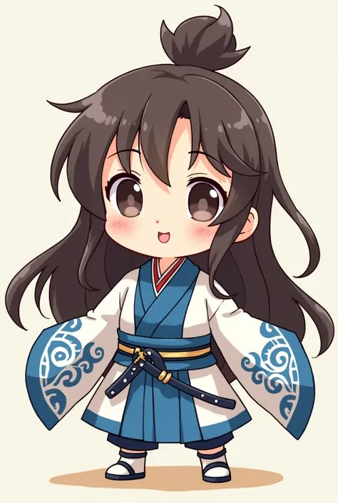 A chibi style with long brown hair with white Japanese warrior clothing with blue details