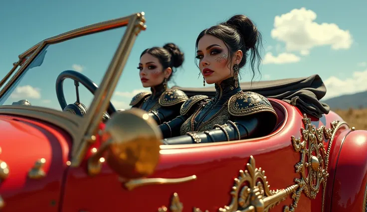 Sexy Battle Sisters from Warhammer 40k, the two sisters are inside the car (((they are driving a wonderful car seen from the side and in ((( full body))) ((car appears completely in full body)), all red with lots of gold, gold ornaments, the car is a conve...