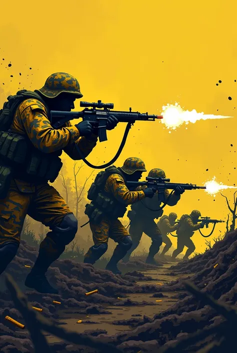 Soldiers in pixelated yellow-black camouflage at the front fighting in the trenches