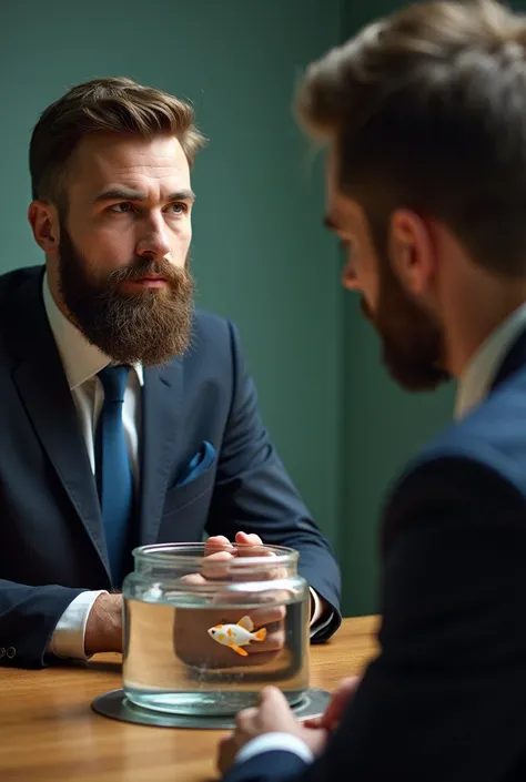 A bearded man, Suit and a silver plate interviewing another man ,  this second man must be younger and without a beard ,  on the table that separates them must have a small aquarium with a small catfish inside.