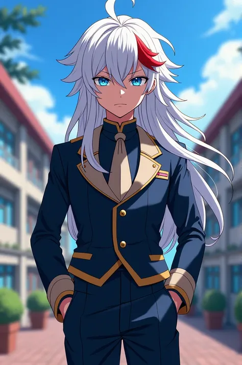 A boy from My Héro Academia ,  uniform with long white hair with a red tuft on his right side,  blue eyes and wearing the UA  