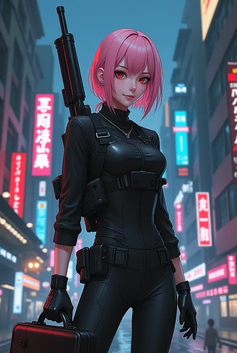 create an image: female character, rpg, light pink hair, anime, cyberpunk, discreet black clothes, a rifle on her back, a briefcase in her hand.