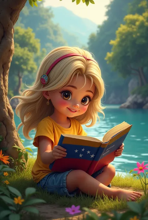 a small Venezuelan girl smiling dark black eyes with blond hair reading with Venezuelan landscapes in the background such as a river and the Venezuelan flag with seven large stars in the back 