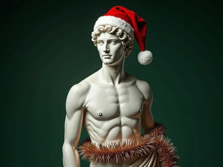 Greek marble statue celebrating Christmas, adorned with a festive Santa Claus hat. wrapped in a sparkling tinsel garland, solid green dark background 