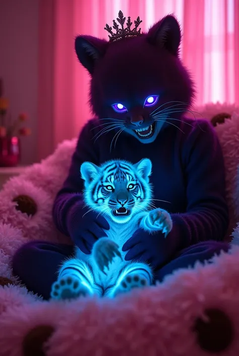 In an all pink bedroom a small scared tiger cub with glowing neon blue fur blue eyes big paws and a chain around its neck laying in a big dog bed made of all pink fur with dark brown splotches the tiger is sitting on the lap of a big evil goth princes wear...