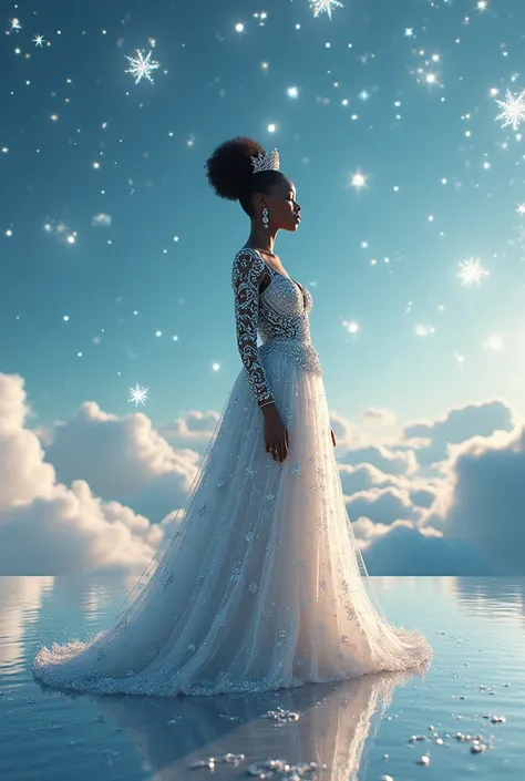  star crystals hanging in the clouds above a black woman dressed in african designed crystsl and diamond dress, standing on an empty reflecting surface, a crystallised "Merry Christmas " written infront of her, very high detailed and clear image, providing...