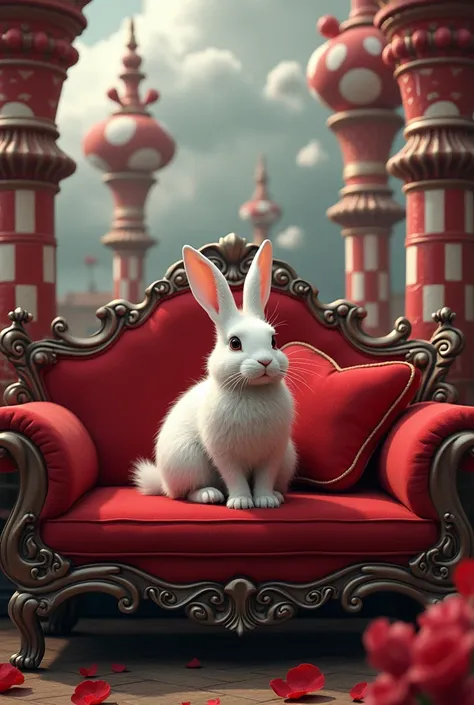 Rabbit sitting on the couch of the Queen of Hearts from Alice in Wonderland