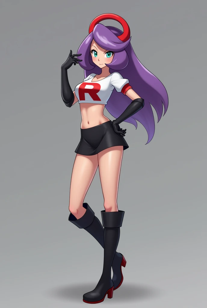 Une famme qui porte un cosplay Jessie
Haut : Une courte chemise blanche avec un grand R rouge sur la poitrine, symbole de la Team Rocket.
Jupe : Une jupe noire courte.
Gants : Longs gants noirs qui atteignent généralement les coudes.
Bottes : Hautes bottes...