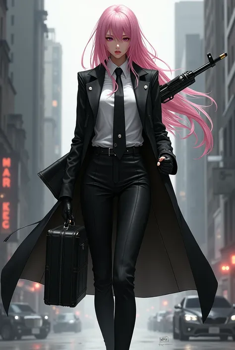 female character, light pink hair, long hair, cyberpunk, black and white clothes, sophisticated clothing, black coat, a rifle on her back, a briefcase in her hand. 