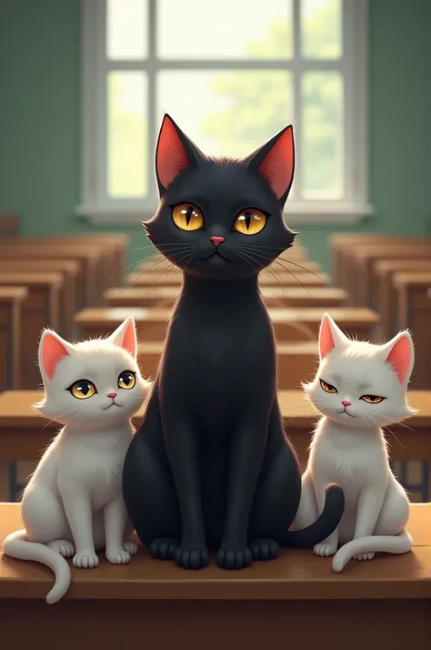 Générer une image de style réaliste des chats noirs dans la salle de classe rempli de chats blancs qui se moque de lui