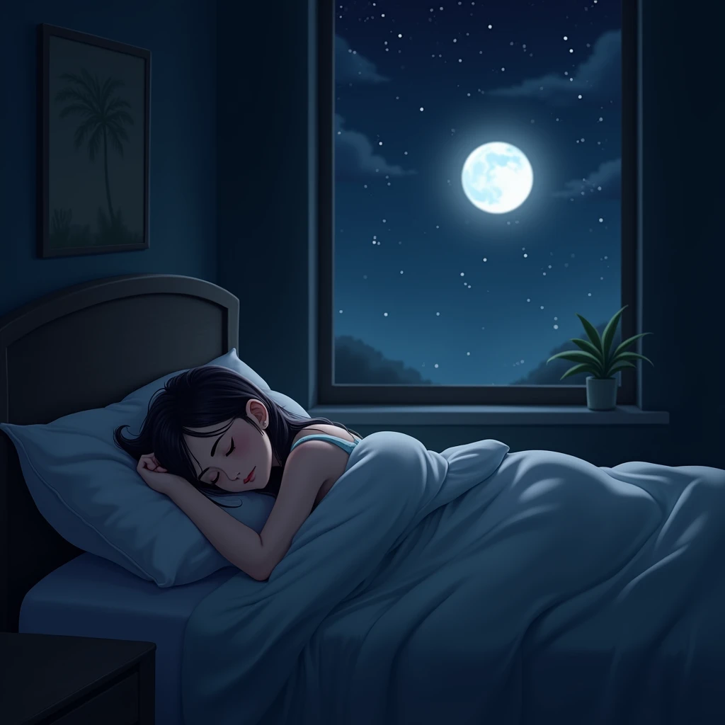 A person is sleeping at night there is a moon besides the window