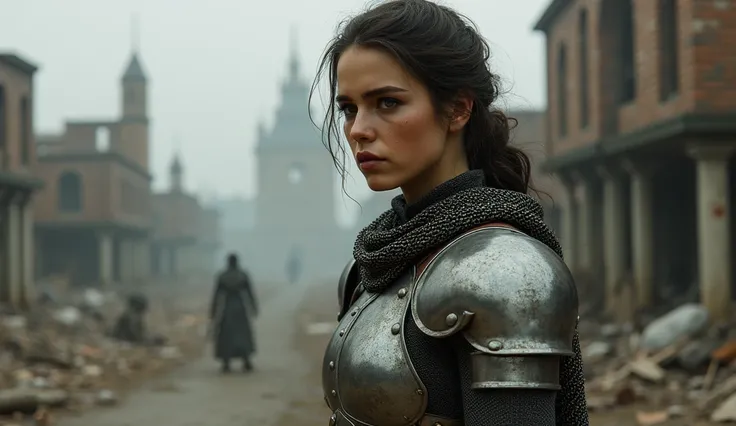  Generate an image about the computer game Fallout: London,  girl in medieval chain mail armor,  medieval English armor ,  thoughtful facial expression , 