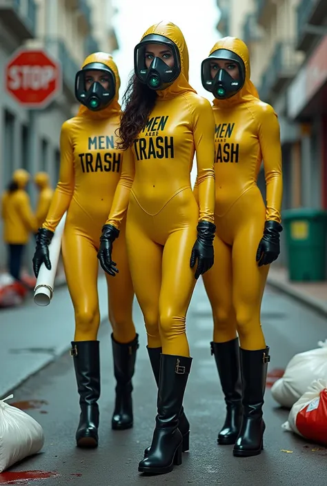  3 woman with green eyes wearing yellow and black full body rubber skin tight catsuits with text "Men Are Trash", wearing long black rubber gloves, hazmat, holding a roll of plastic wrap, black high heel rubber boots, wearing rubber scuba mask with a big w...