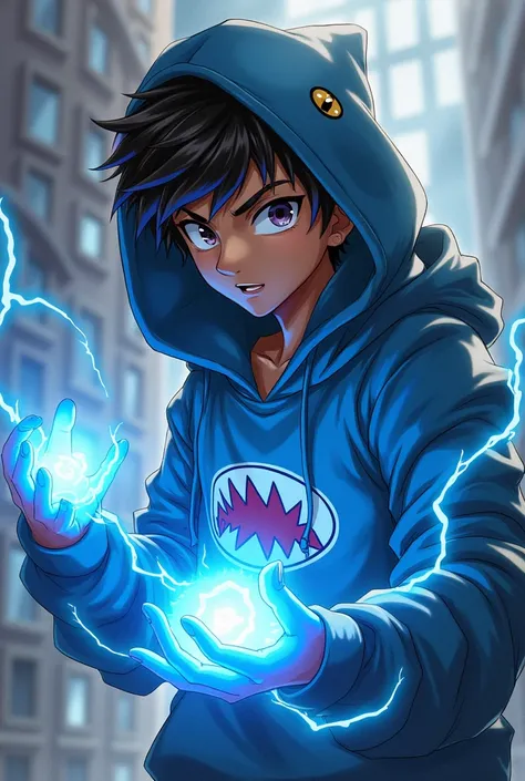 Brown skin anime guy with shark hoodie and blue powers