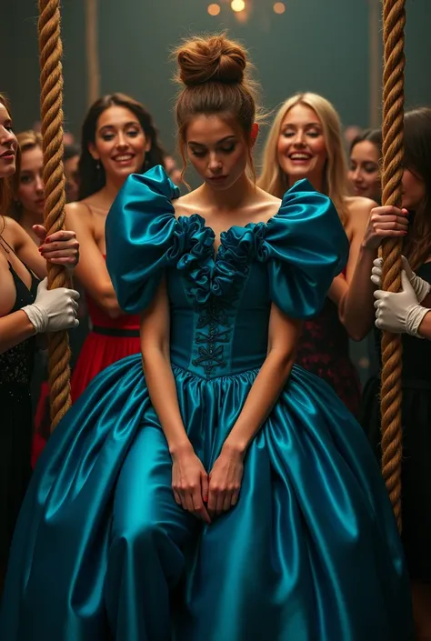 (realistic photograph sideways close up), (a smiling beautiful Caucasian lady with (messy hair bun), she is on a gallows platform with a noose around her neck wearing a (excessive shiny blue silk gown with (long gigantic puff sleeves), (and with an ultra h...