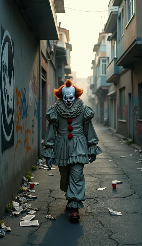 "  A creepy clown seen from the front  ,   walking slowly down a deserted street at noon  , When the light is soft  , neither dark nor bright .   The atmosphere is oppressive  ,   with the clown terrorizing the neighboring city  .   On the wall on the left...