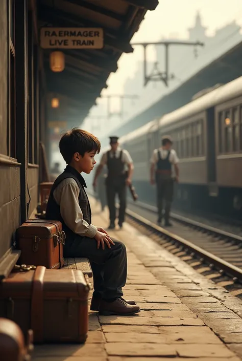 Ali on the platform, waiting for the train:
Imagine a young boy sitting on a wooden bench, surrounded by vintage luggage, watching porters and vendors going about their daily business.
