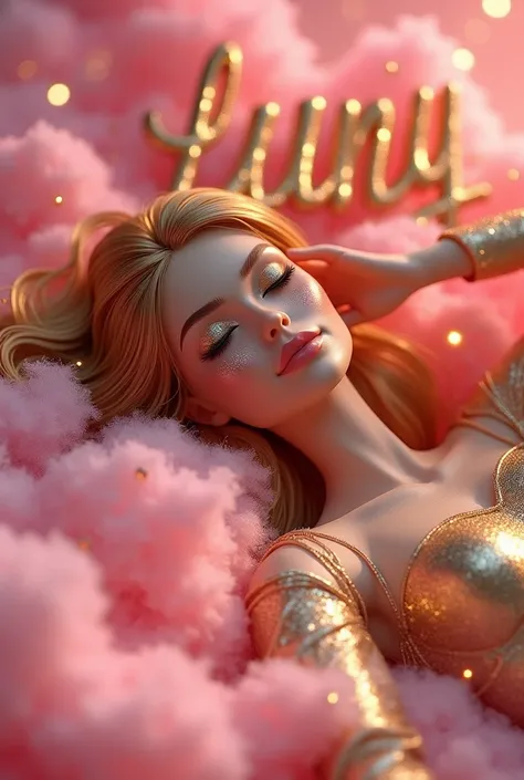 A woman Barbie style 3d with golden glitter makeup,covered in glowing fairy lights and surrounded by delicate gold threads. Her eyes were closed as she held her hand against her face,creating an enchanting atmosphere that radiated warmth shes laying down i...