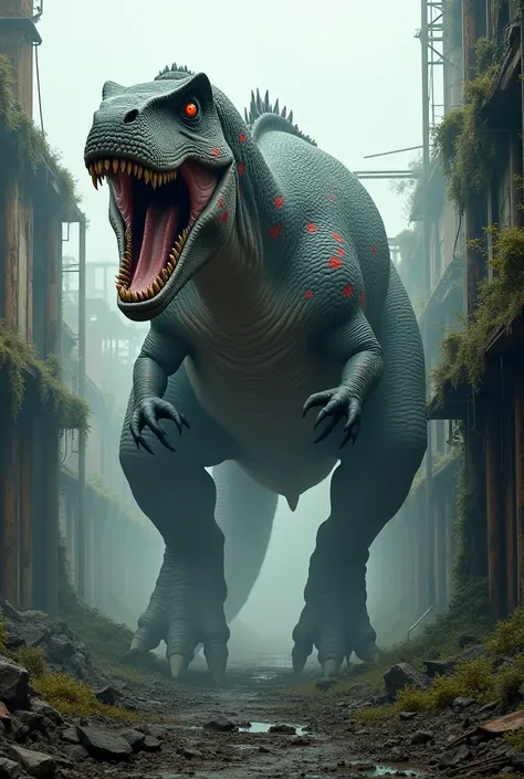 Draw a huge dark gray , carnivorous dinosaur with intense red spots and orange eyes appearing from an abandoned factory 