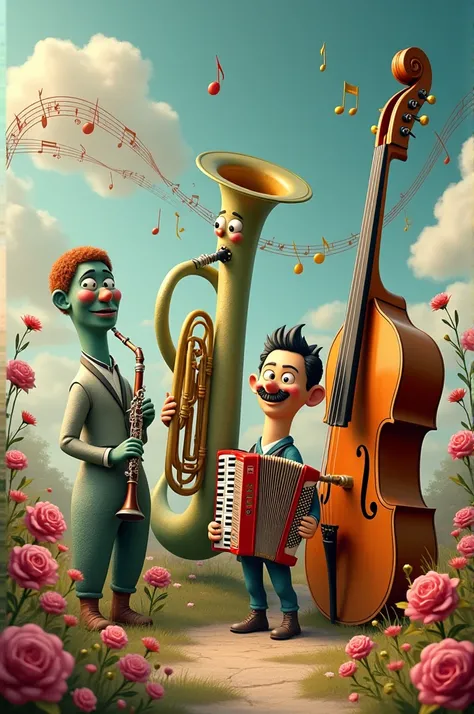 Clarinet , tuba , accordion , guitar.
Large notes and flowers grow out of the instruments