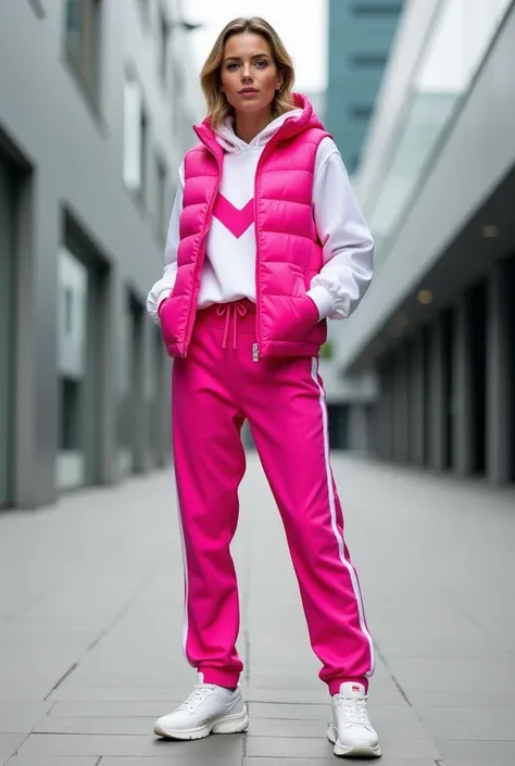 A European-looking woman dressed in a stylish tracksuit in a vibrant pink color, matching the one shown in the attached image. The outfit includes regular sporty pants and a lightly padded vest, both made from the same material. The vest is not overly puff...