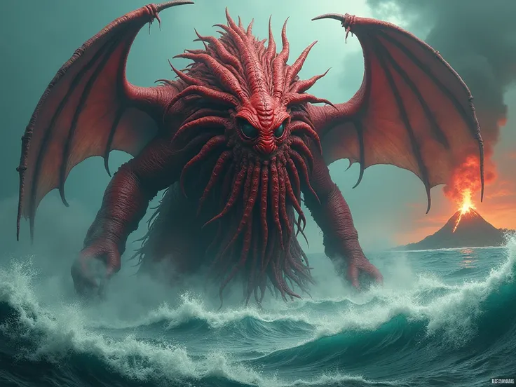 Giant ocean monster with tentacles on its face like a beard wings gigantic eyes red humanoid body whose background is a hurrican with many electrical cables and an island in the distance with a volcano spewing lava 